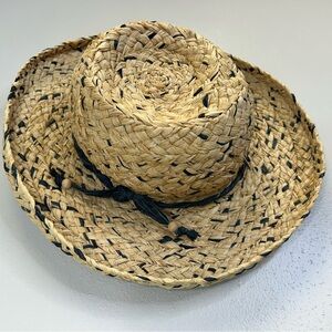 Handmade Womens M/L Woven Straw Hat with Navy Accents Beach Travel Vacation